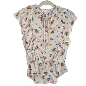 Sugarlips Small‎ Floral Ruffle Peplum Blouse Flutter Sleeve Tie Neck Cottagecore